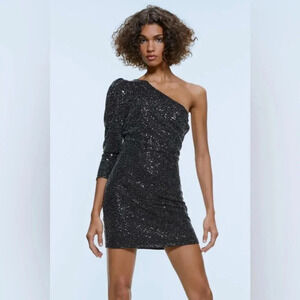 Zara Dress Women’s Large One Shoulder Sequin Black Mini